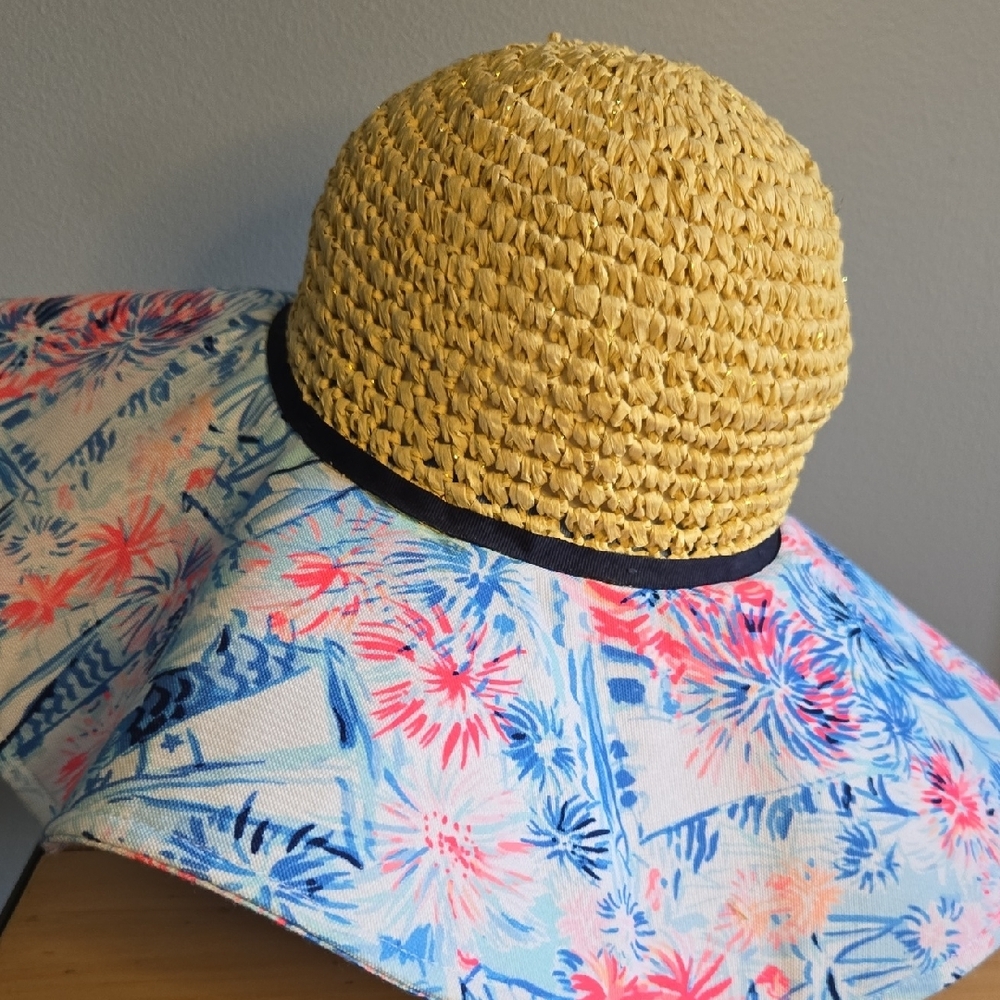 Lilly Pulitzer OSFM Blue/Pink Floral Straw Sun Protection Beach Pool Hat - Picture 2 of 10